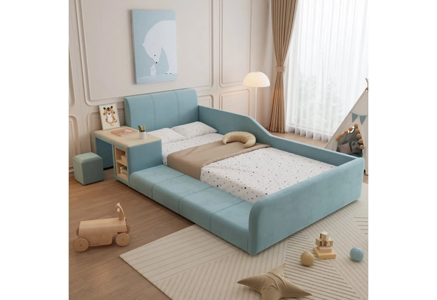 REDOM Polsterbett mit Schreibtisch und Hocker Blau Samt - Bild 2