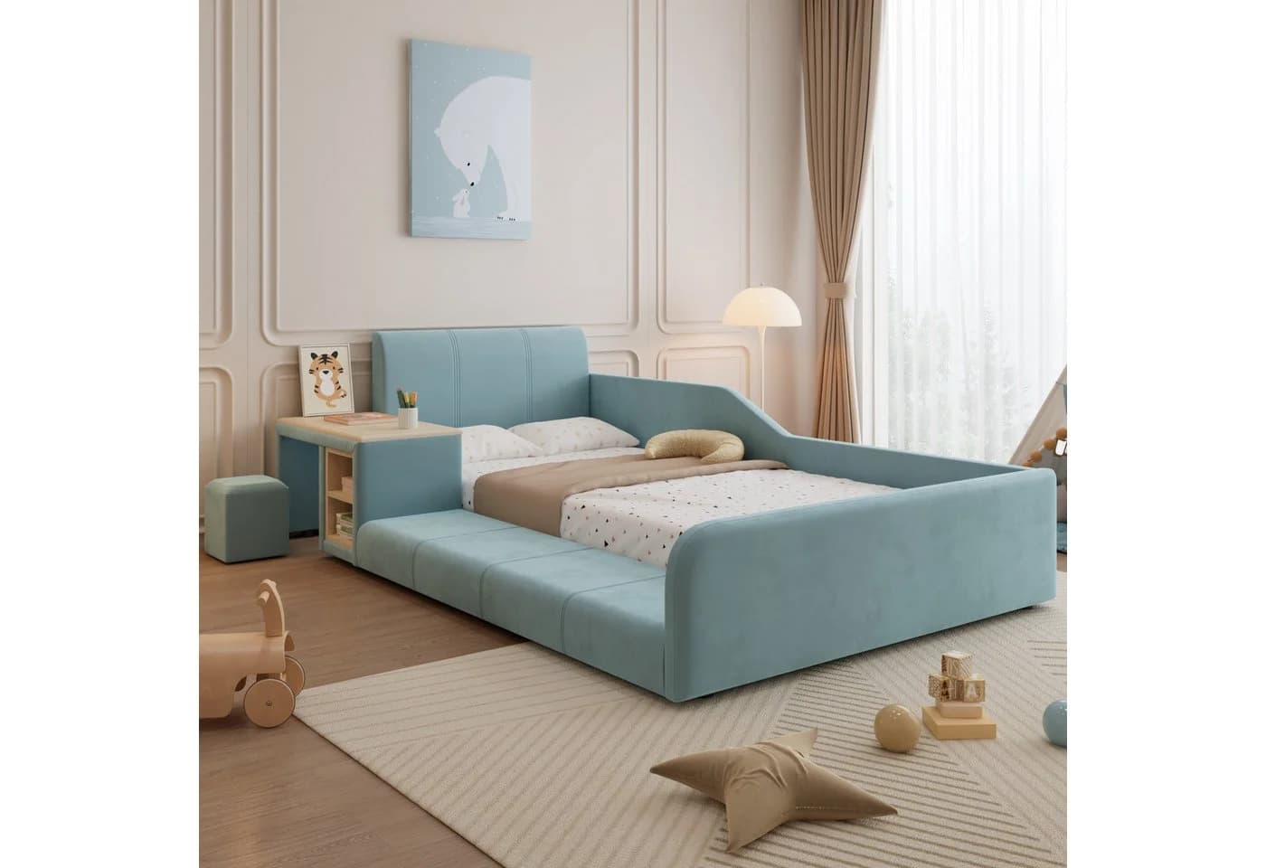 REDOM Polsterbett mit Schreibtisch und Hocker Blau Samt - Bild 5