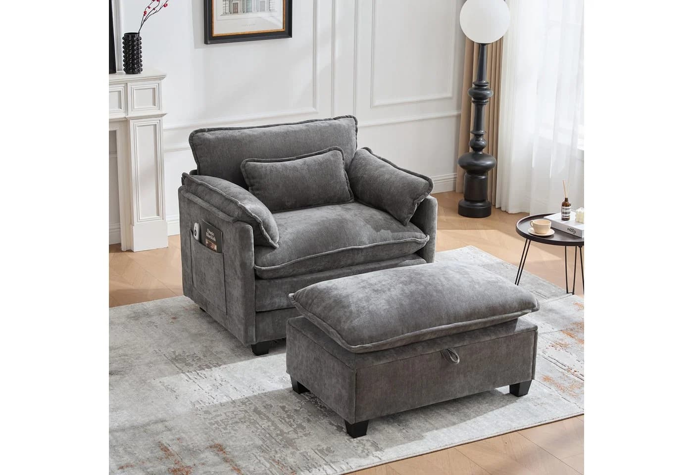 MODFU Loungesessel Chenille Grau mit Hocker & Stauraum - Bild 2