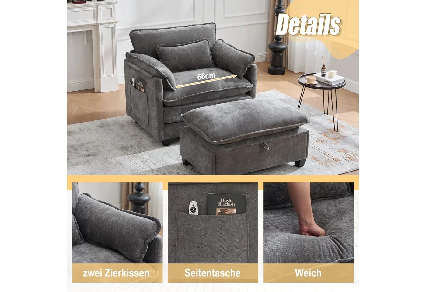 MODFU Loungesessel Chenille Grau mit Hocker & Stauraum - Bild 4