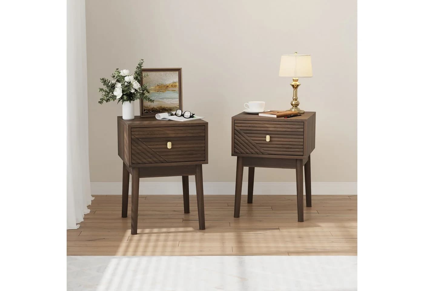 REDOM Nachttisch Kommode Nightstand Mid-Century Modern Nussbaum 2er Set - Bild 2