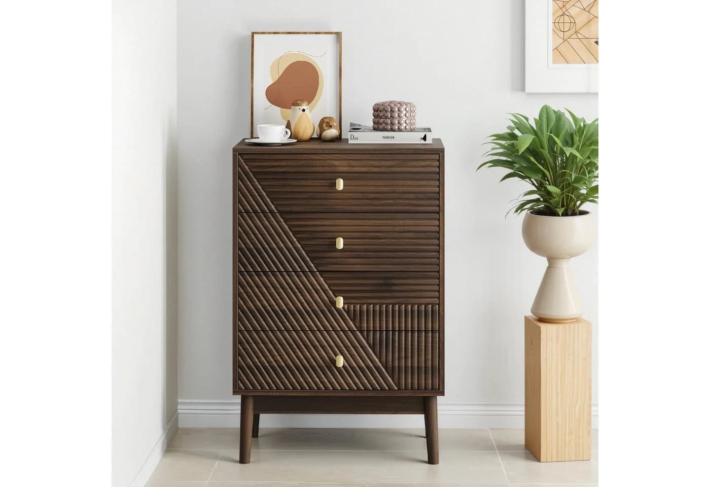 OKWISH Kommode 4 Schubladen Mid-Century Walnuss - Bild 4