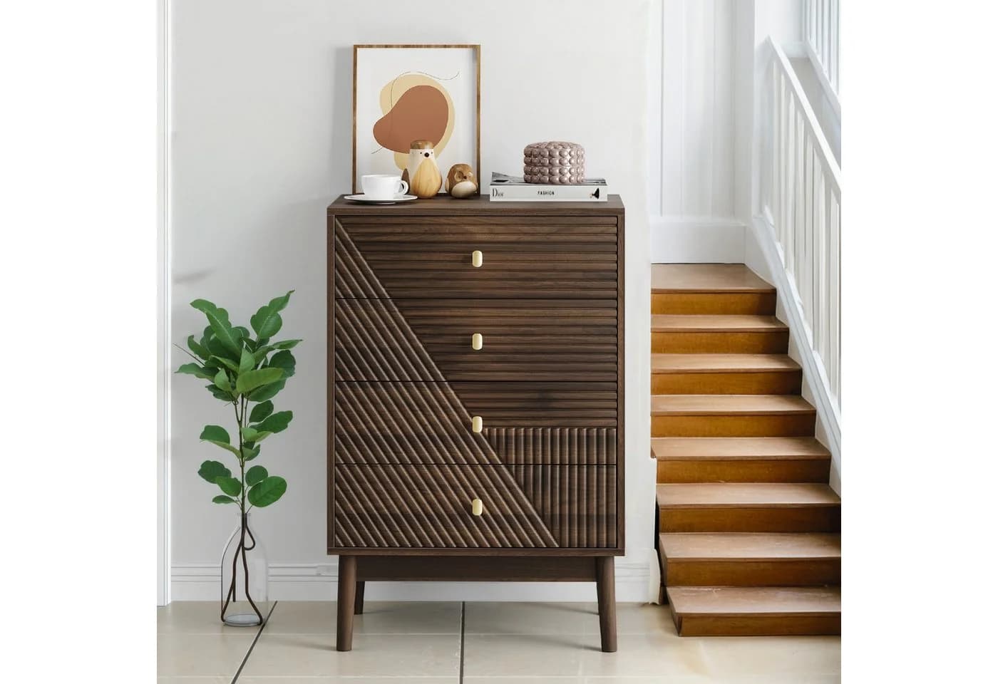 OKWISH Kommode 4 Schubladen Mid-Century Walnuss - Bild 5