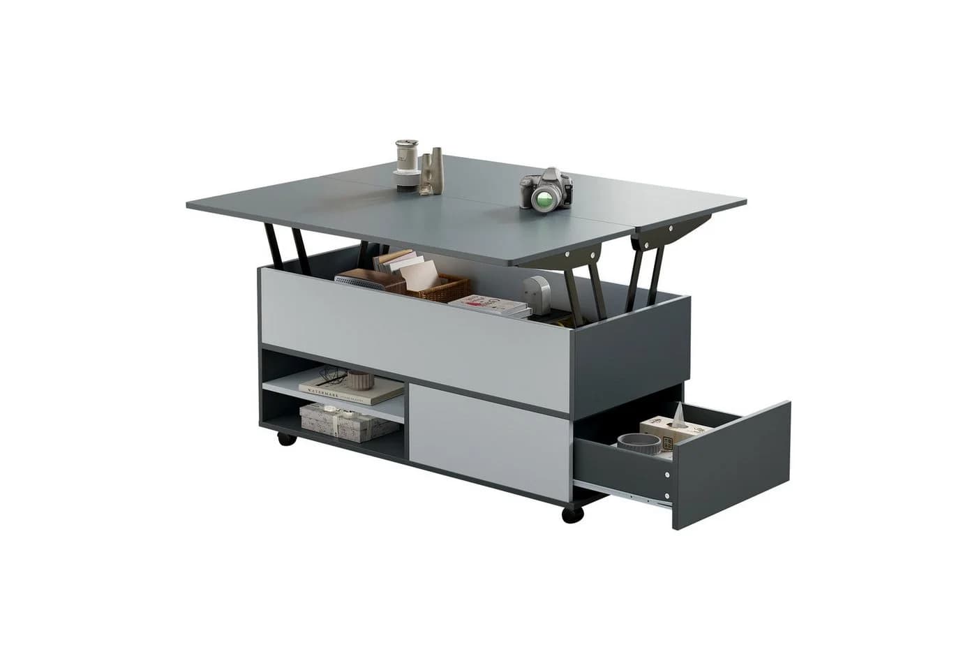 MODFU Couchtisch Hydraulischer Hub Tisch Multifunktional Grau/Weiß - Bild 2