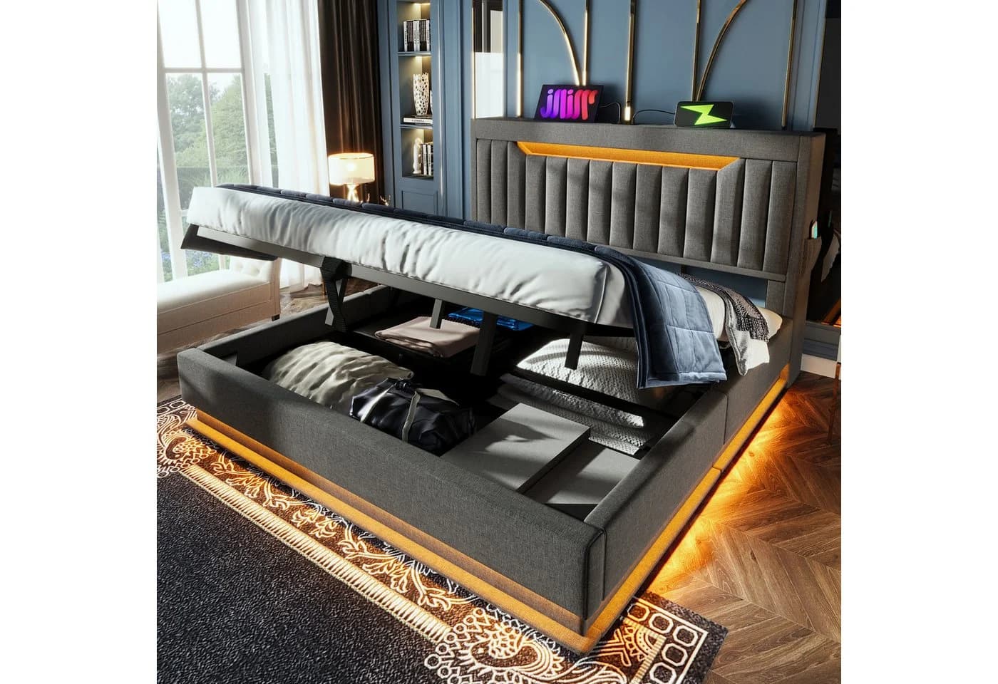 MODFU Polsterbett mit LED Beleuchtung, Stauraum & Ladefunktion Grau - Bild 3