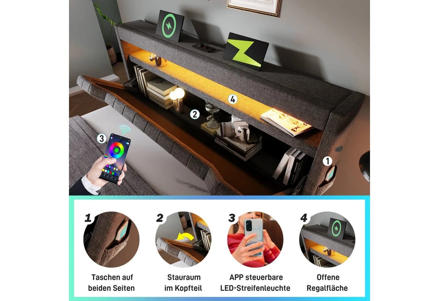 MODFU Polsterbett mit LED Beleuchtung, Stauraum & Ladefunktion Grau - Bild 5