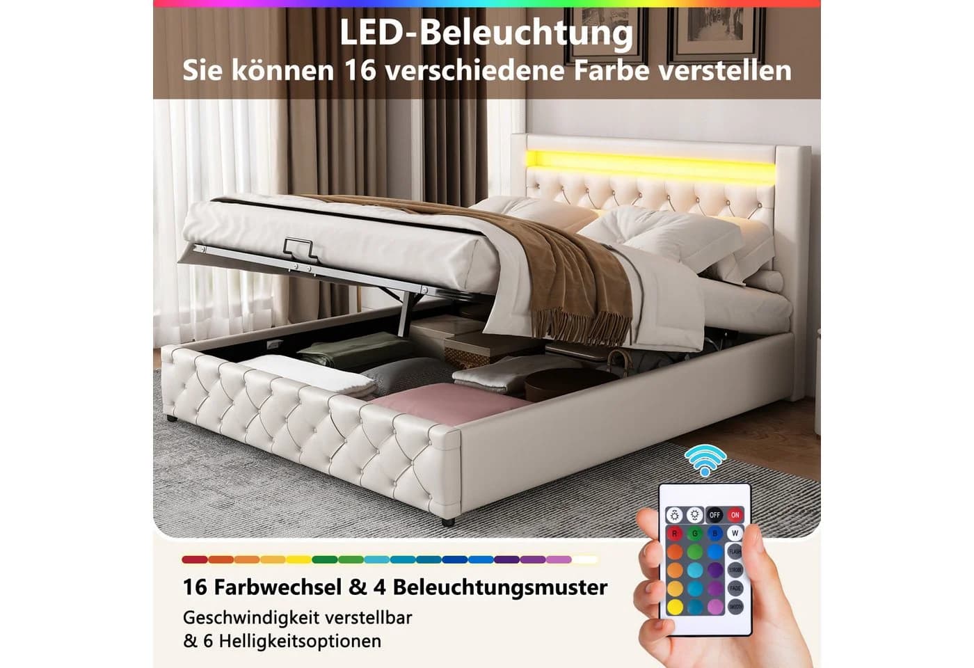 MODFU Polsterbett mit Stauraum und LED-Beleuchtung Weiß - Bild 3