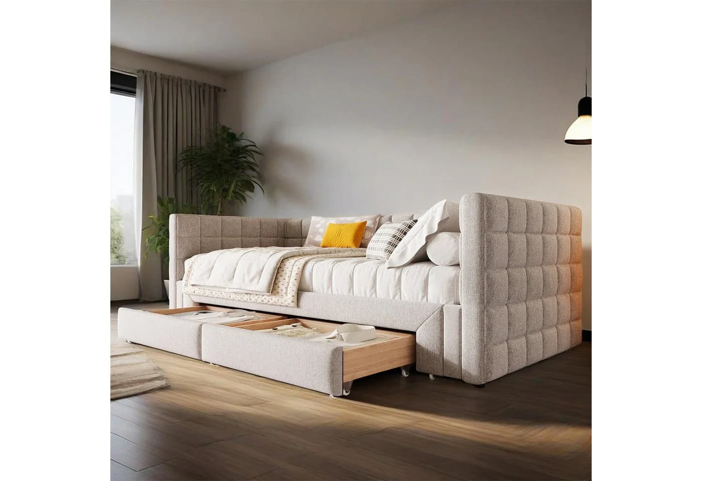 MODFU Daybett Funktionsbett 90x200 cm, 2 Schubladen, Samt, MDF - Bild 1