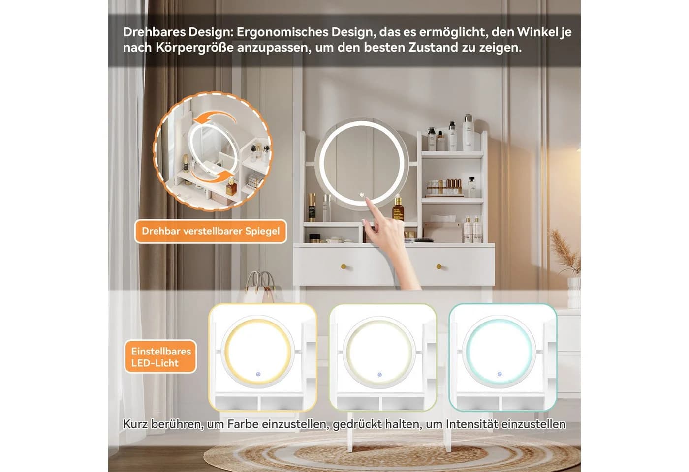 MODFU Schminktisch mit LED-Spiegel & Hocker Weiß - Bild 4