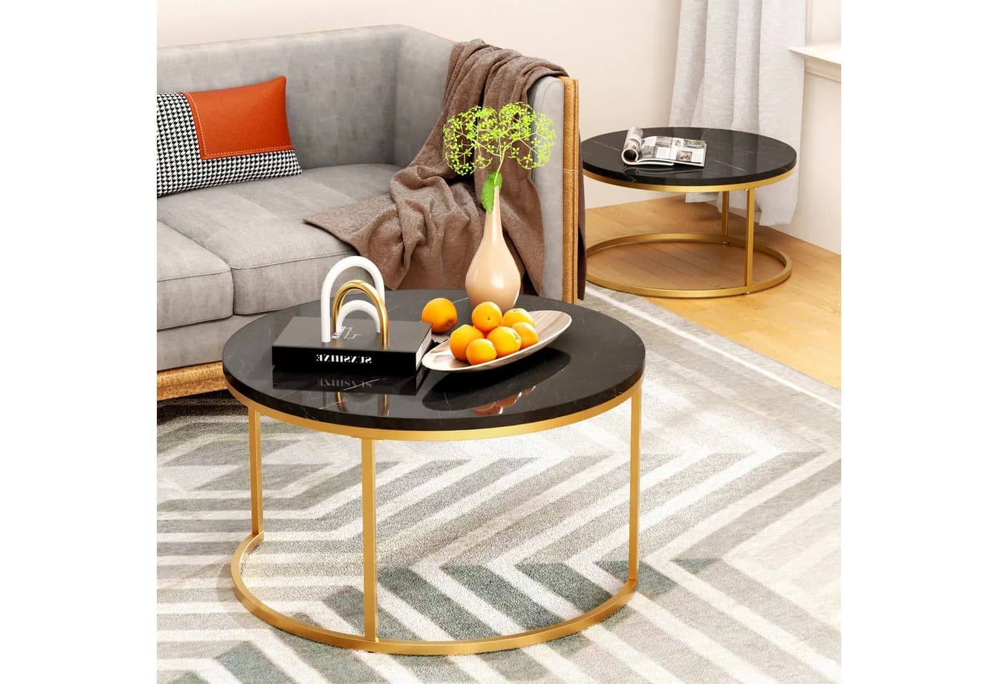 OKWISH Couchtisch Runder Satztisch Schwarz+Gold Marmormuster