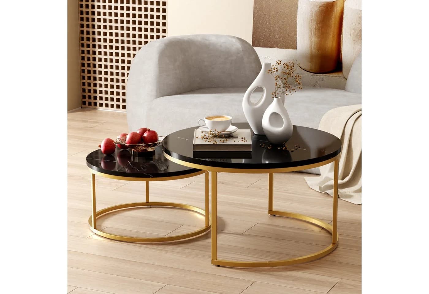 OKWISH Couchtisch Runder Satztisch Schwarz+Gold Marmormuster - Bild 2