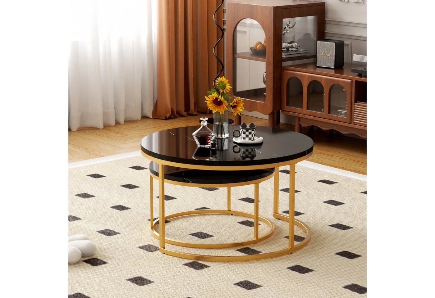 OKWISH Couchtisch Runder Satztisch Schwarz+Gold Marmormuster - Bild 3