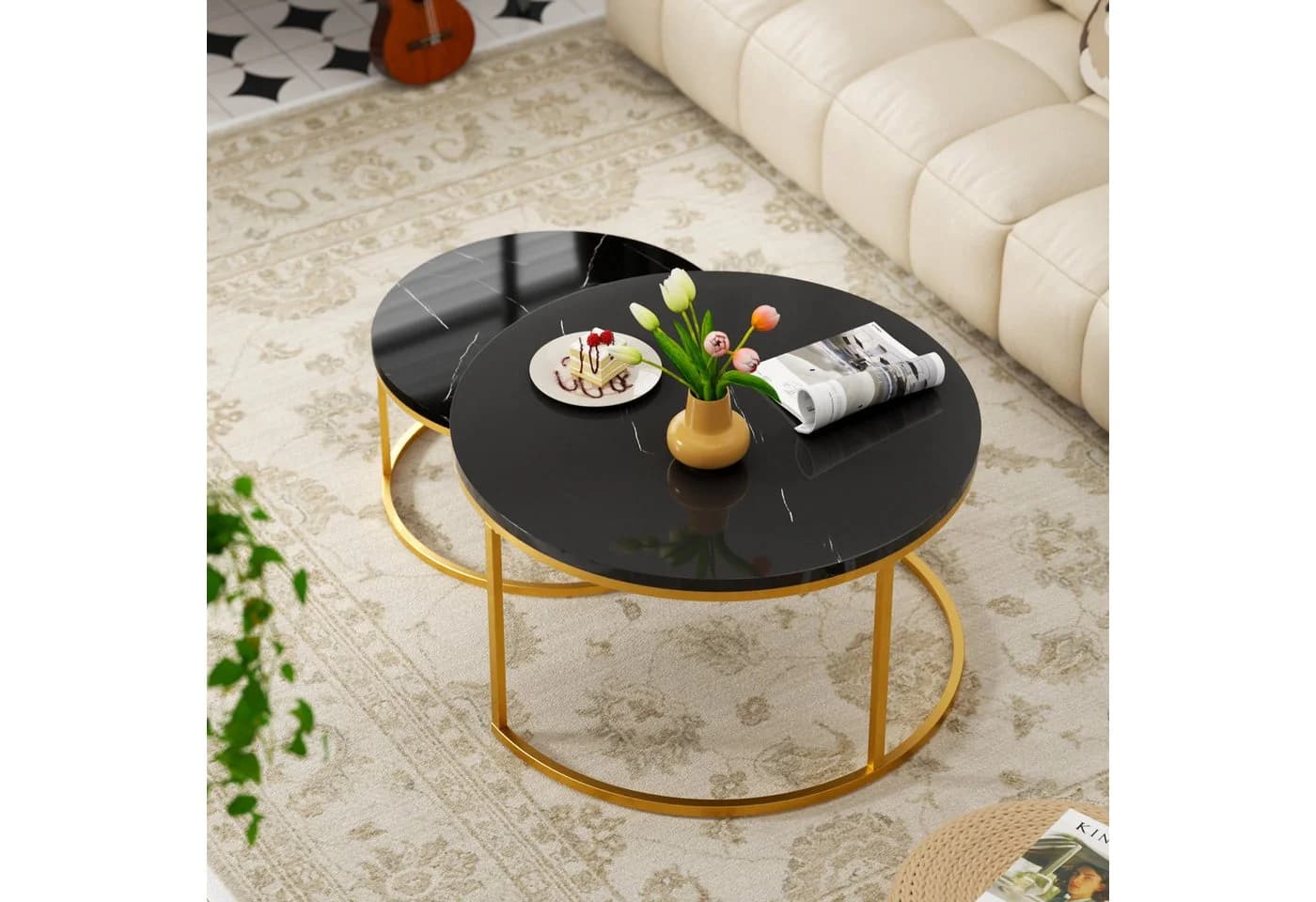 OKWISH Couchtisch Runder Satztisch Schwarz+Gold Marmormuster - Bild 4