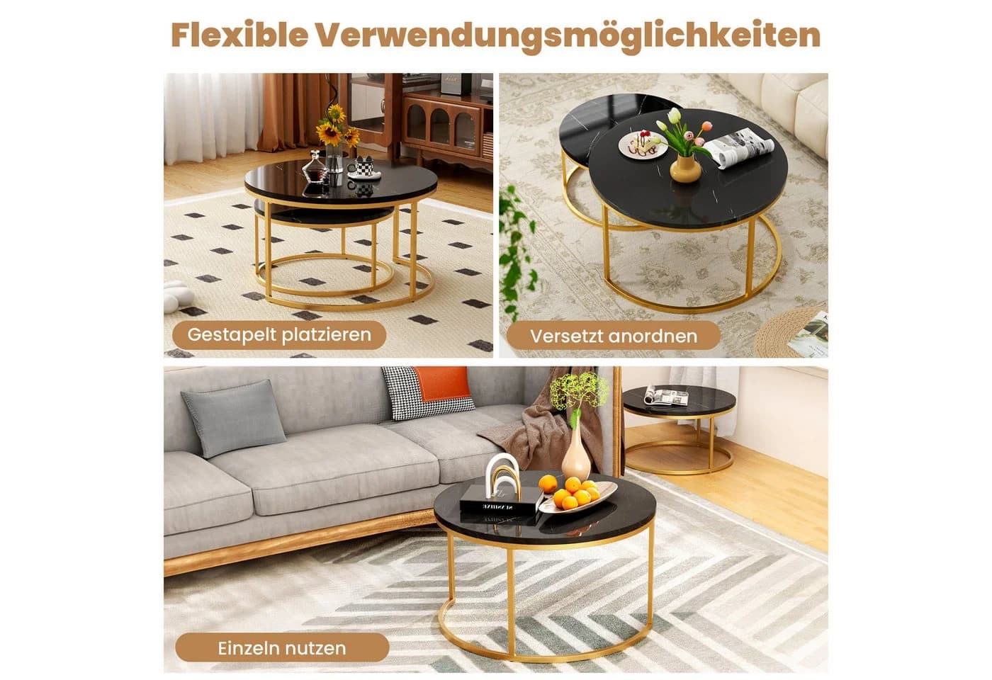 OKWISH Couchtisch Runder Satztisch Schwarz+Gold Marmormuster - Bild 5