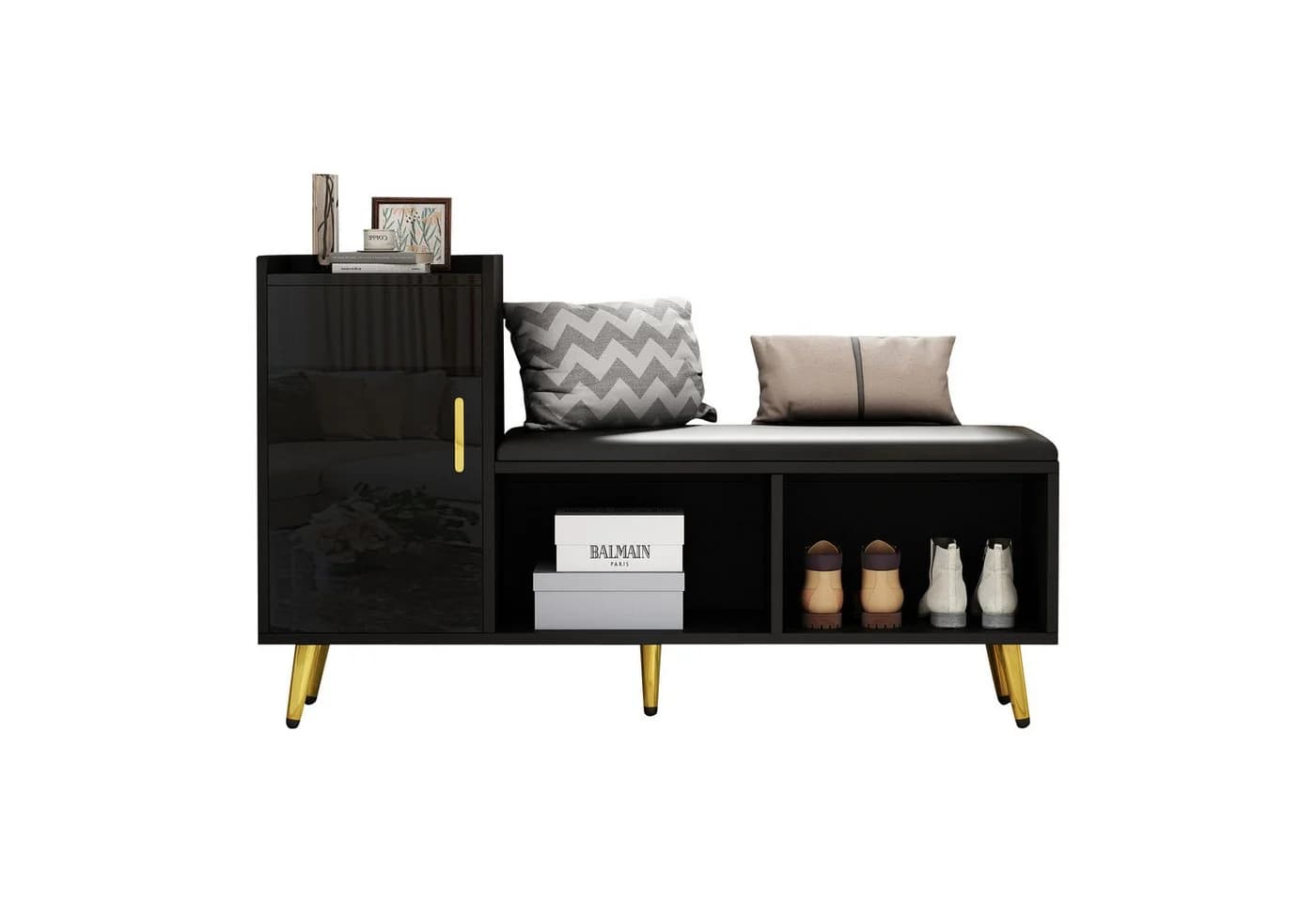 MODFU Schuhschrank mit Sitzbank Weiß Hochglanz Gold - Bild 2
