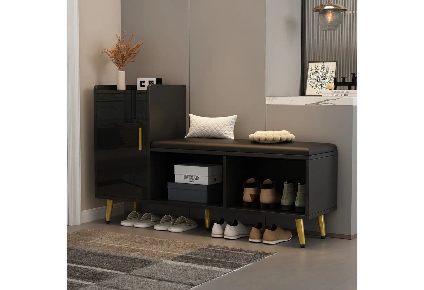 MODFU Schuhschrank mit Sitzbank Weiß Hochglanz Gold - Bild 3