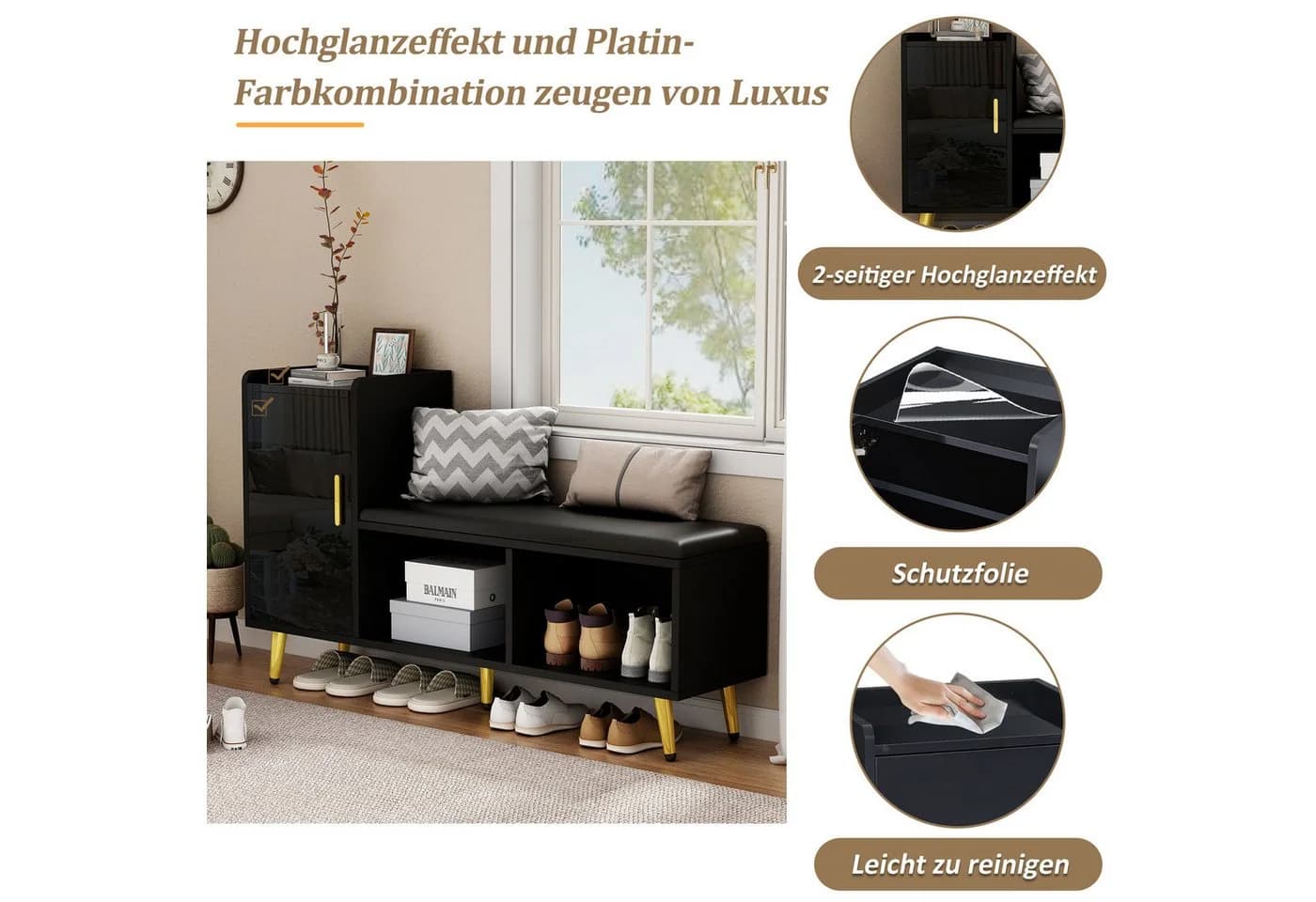 MODFU Schuhschrank mit Sitzbank Weiß Hochglanz Gold - Bild 5
