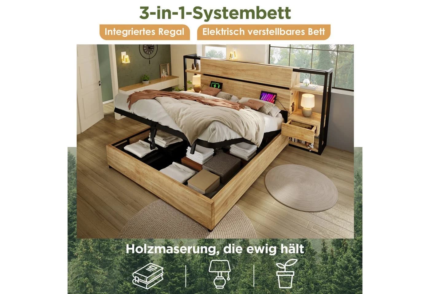 MODFU Holzbett mit Schubladen und Stauraum, Eiche/Schwarz, 160x200cm - Bild 4