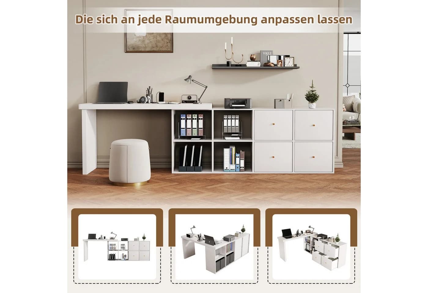 MODFU Eckschreibtisch 360° drehbar weiß mit Schubladen - Bild 4