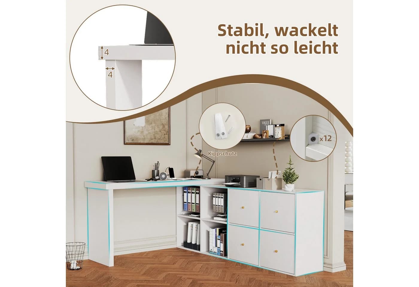 MODFU Eckschreibtisch 360° drehbar weiß mit Schubladen - Bild 5