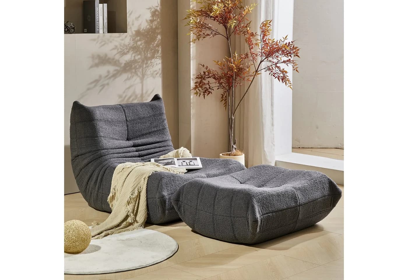 HAUSS SPOLE Lazy Sofa mit Fußhocker Teddysamt Grau