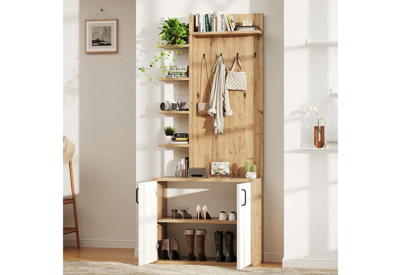 OKWISH Garderoben-Set 180cm hoch Holzfarbe/Weiß mit Stauraum - Bild 4