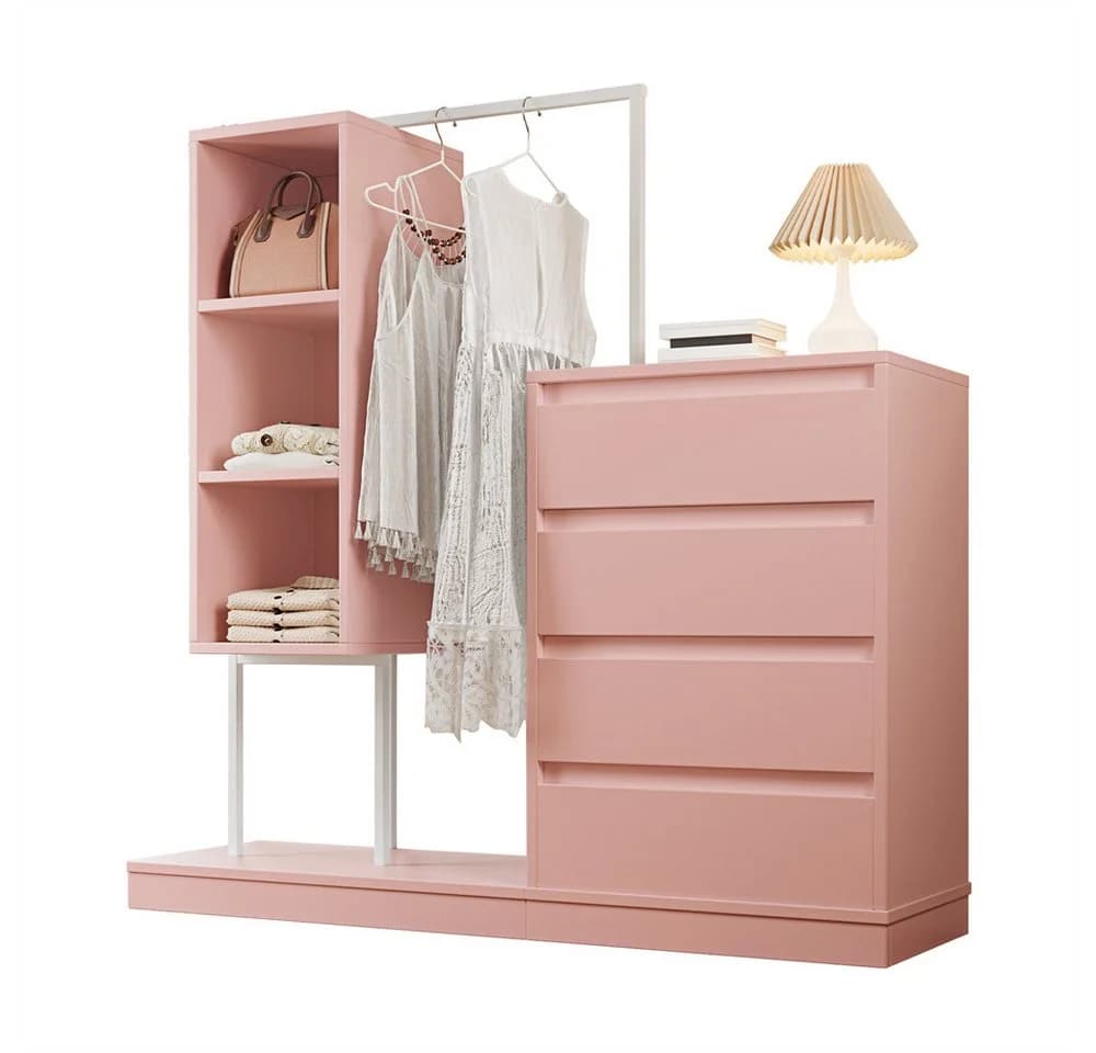 OKWISH Garderoben-Set Rosa Weiß mit Schubladen & Kleiderstange
