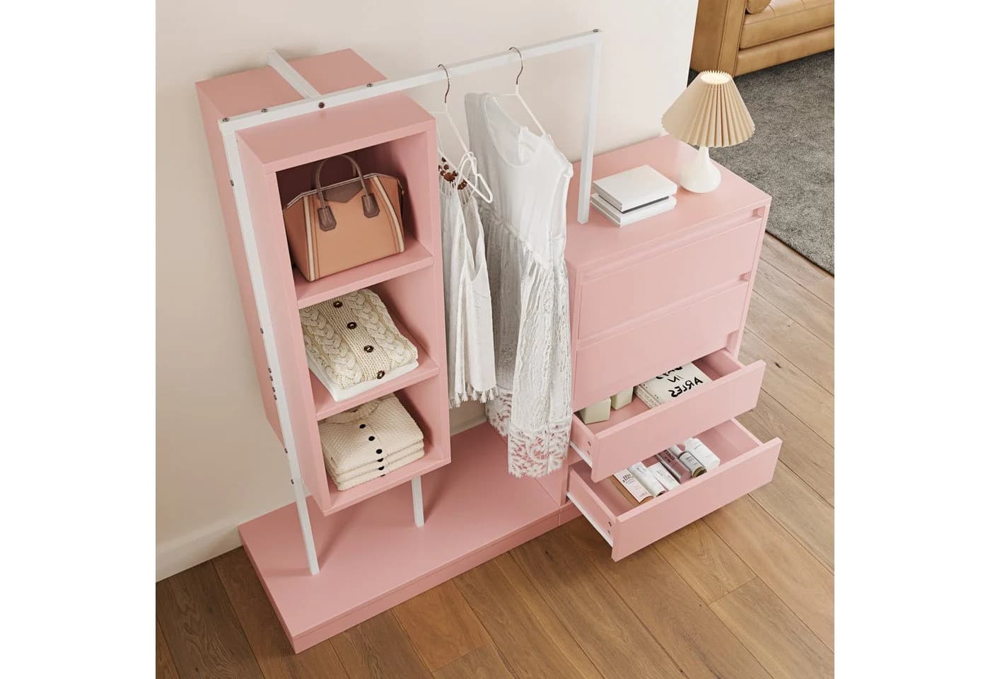 OKWISH Garderoben-Set Rosa Weiß mit Schubladen & Kleiderstange - Bild 3