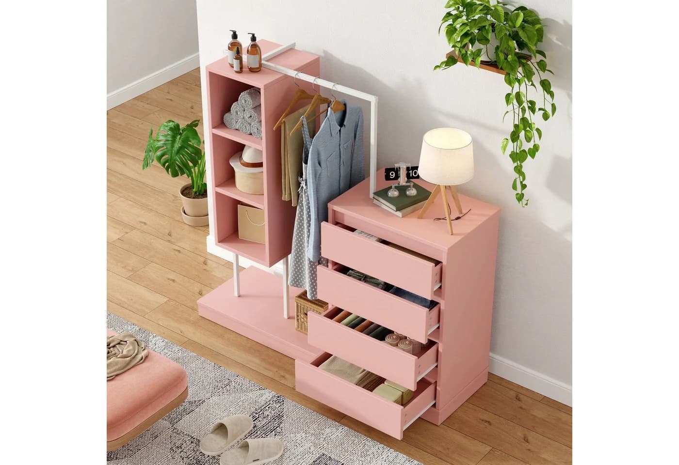 OKWISH Garderoben-Set Rosa Weiß mit Schubladen & Kleiderstange - Bild 5