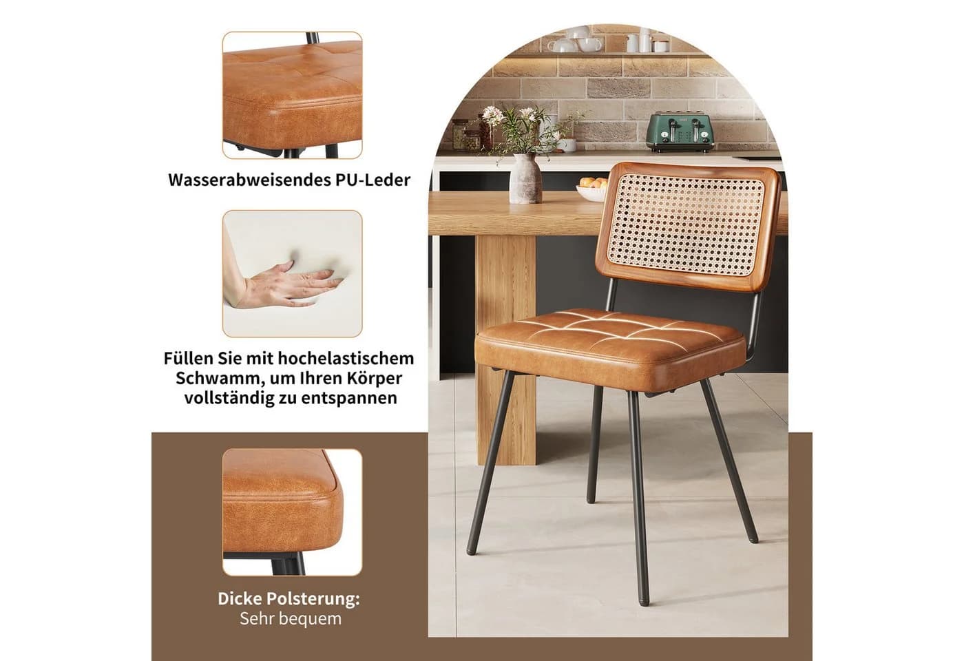 MODFU Esszimmerstuhl Retro-Stuhl Set 2 St. Kunstleder PE-Rattan - Bild 3