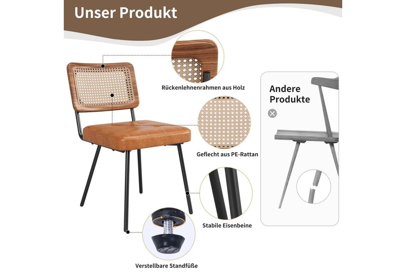 MODFU Esszimmerstuhl Retro-Stuhl Set 2 St. Kunstleder PE-Rattan - Bild 4