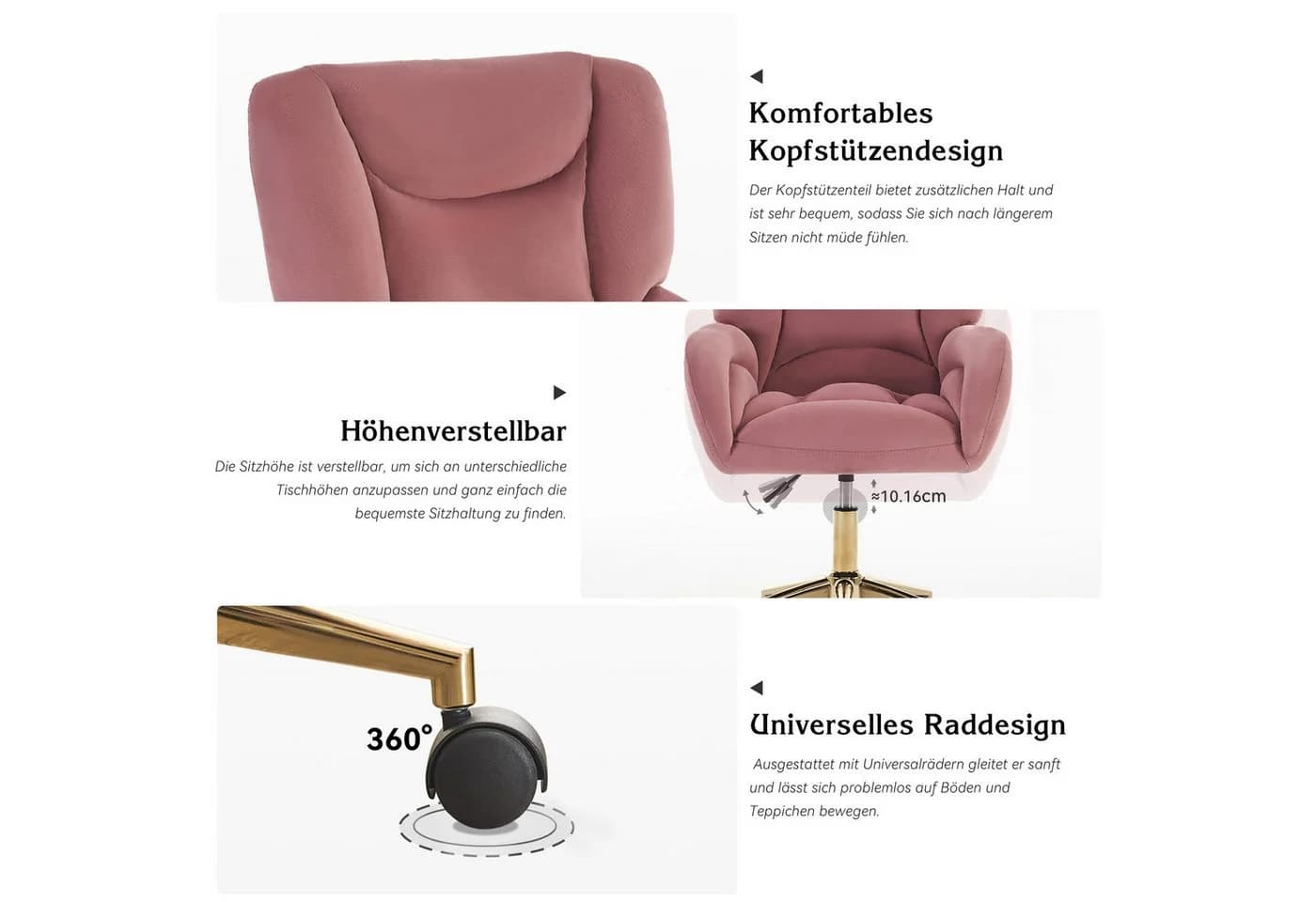 REDOM Höhenverstellbarer Drehstuhl Rosa Samt mit goldenen Beinen - Bild 4