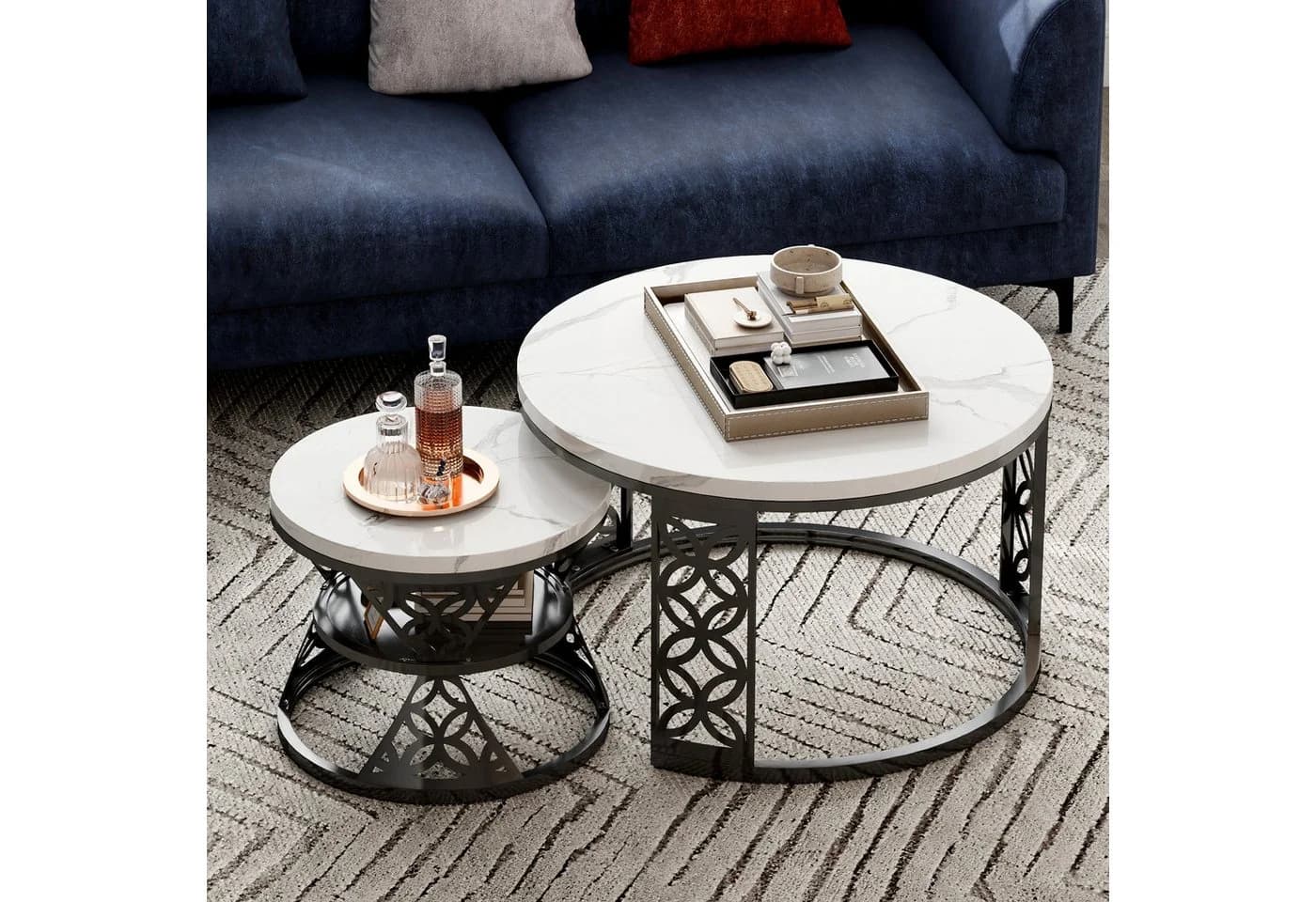 HAUSS SPOLE Couchtisch rund 2er-Set Schwarz/Weiß MDF Marmoroptik