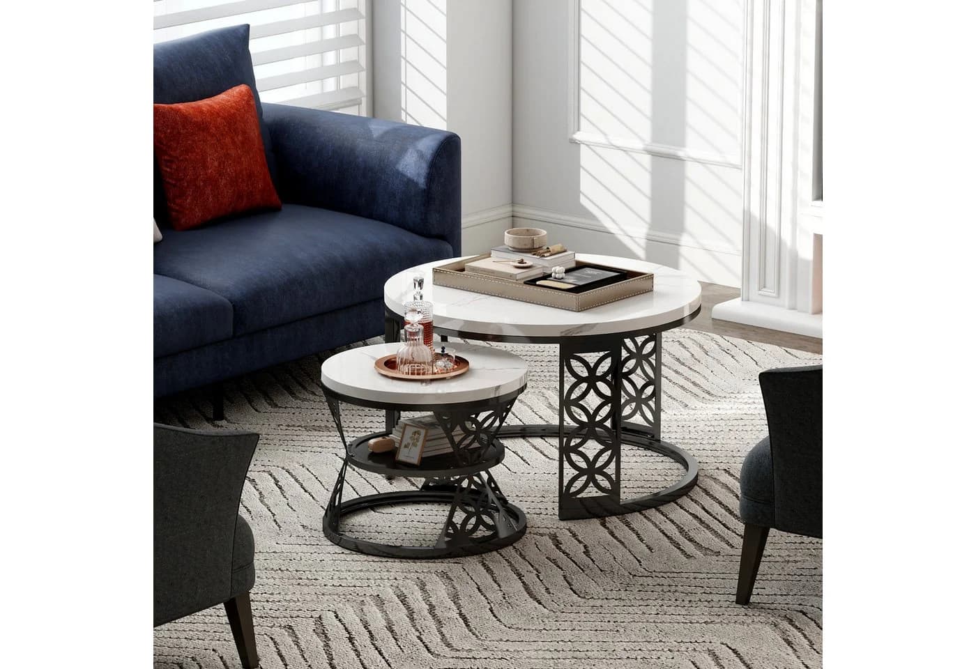HAUSS SPOLE Couchtisch rund 2er-Set Schwarz/Weiß MDF Marmoroptik - Bild 2