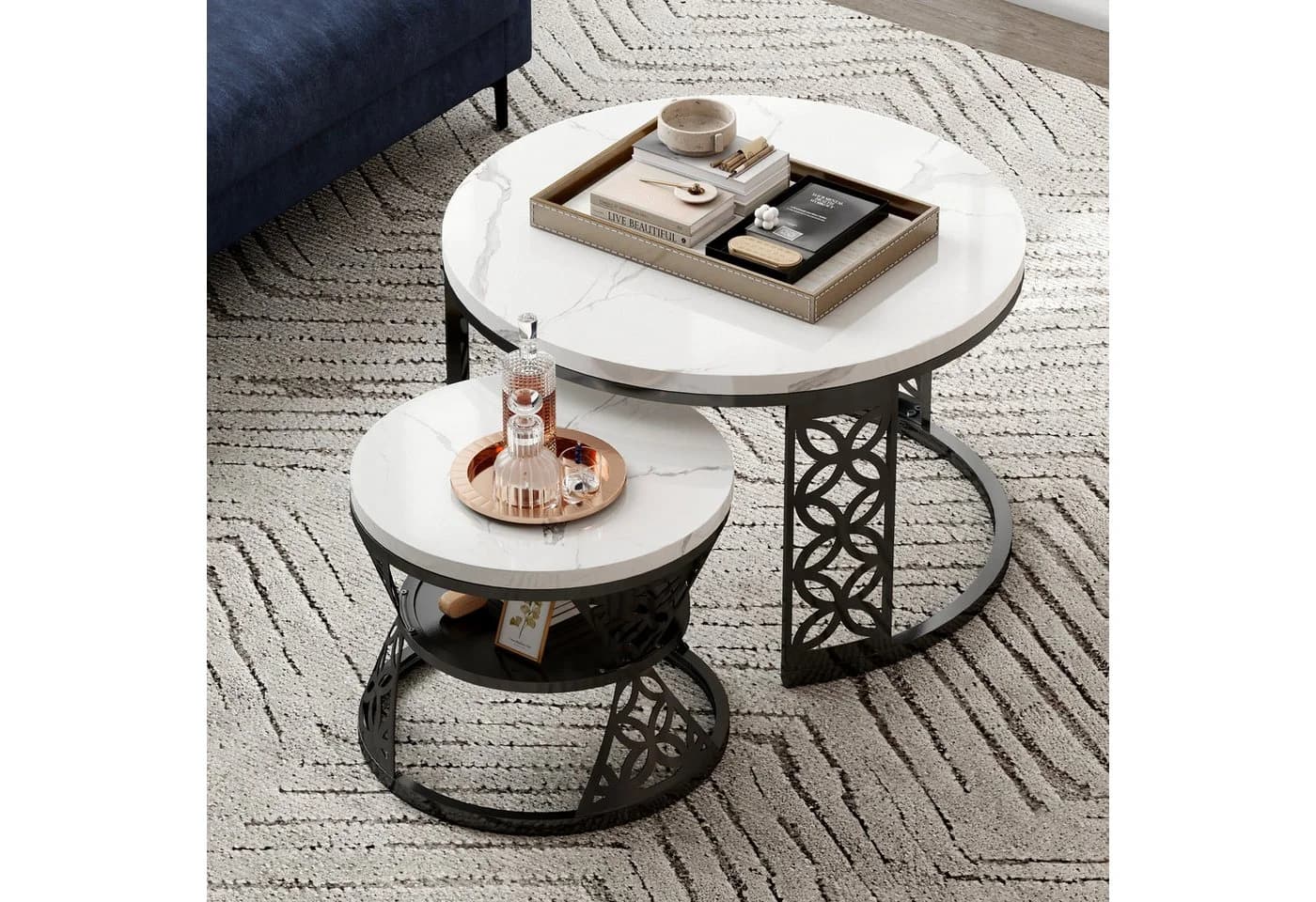 HAUSS SPOLE Couchtisch rund 2er-Set Schwarz/Weiß MDF Marmoroptik - Bild 4