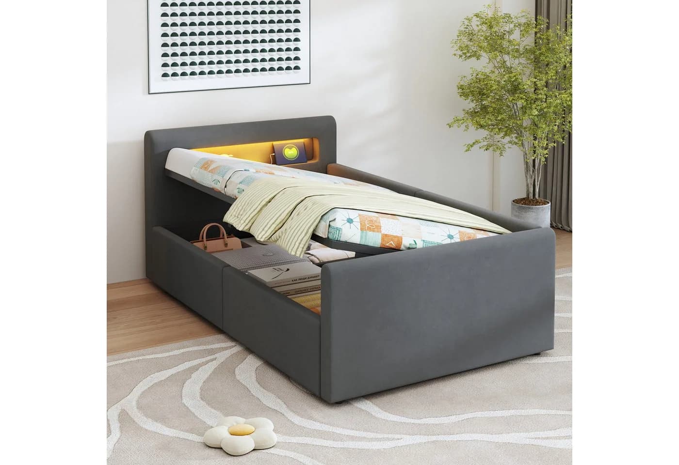 STILVORA Polsterbett 90x200 mit LED, Stauraum & USB Dunkelgrau Samt - Bild 2