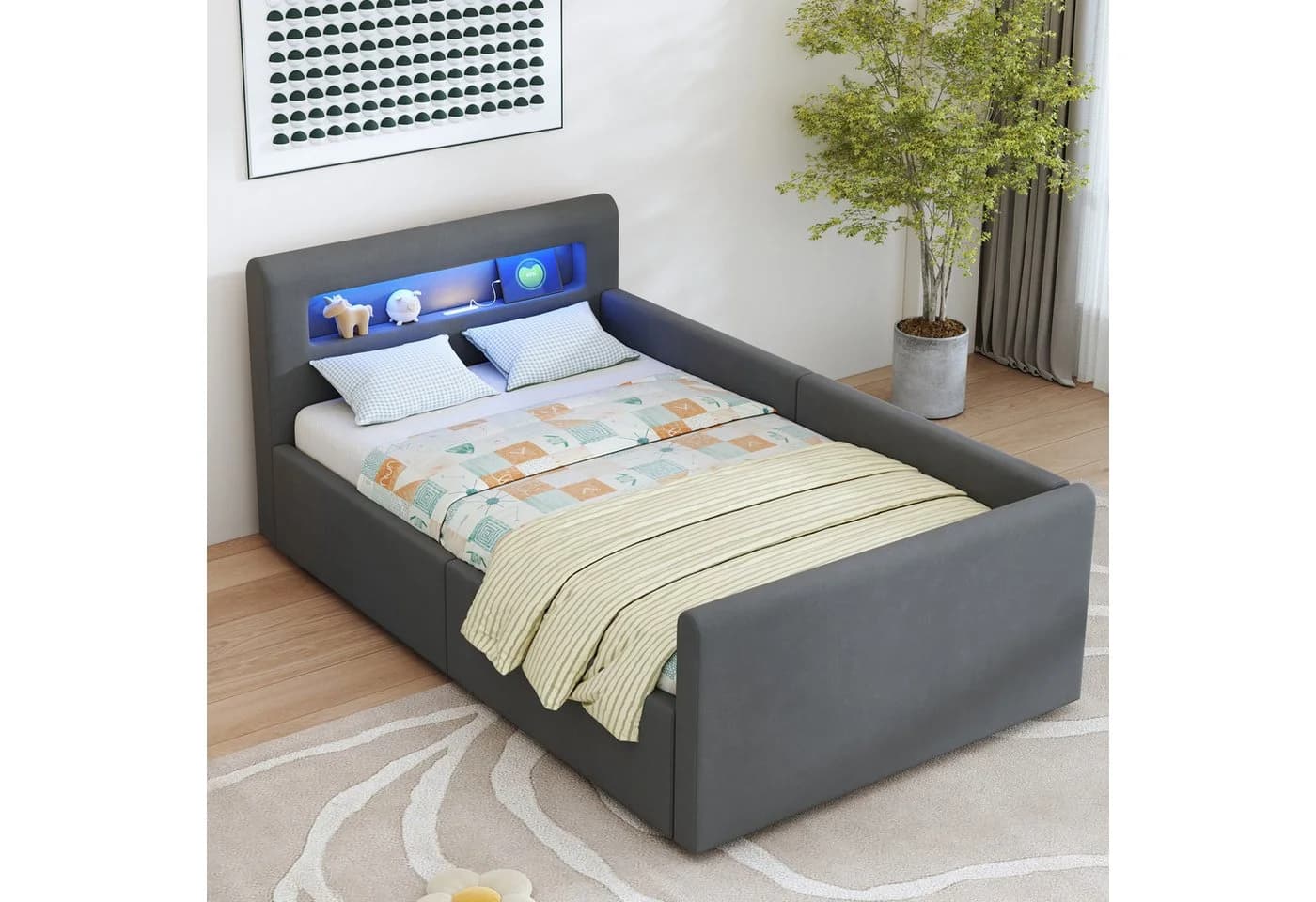 STILVORA Polsterbett 90x200 mit LED, Stauraum & USB Dunkelgrau Samt - Bild 3