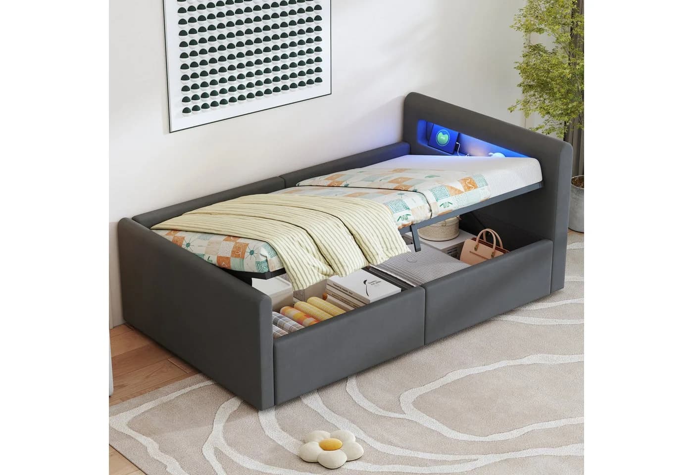 STILVORA Polsterbett 90x200 mit LED, Stauraum & USB Dunkelgrau Samt - Bild 4