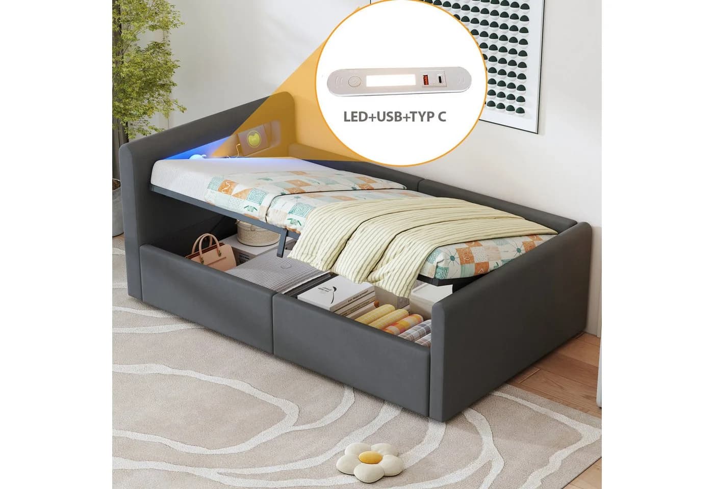 STILVORA Polsterbett 90x200 mit LED, Stauraum & USB Dunkelgrau Samt - Bild 5