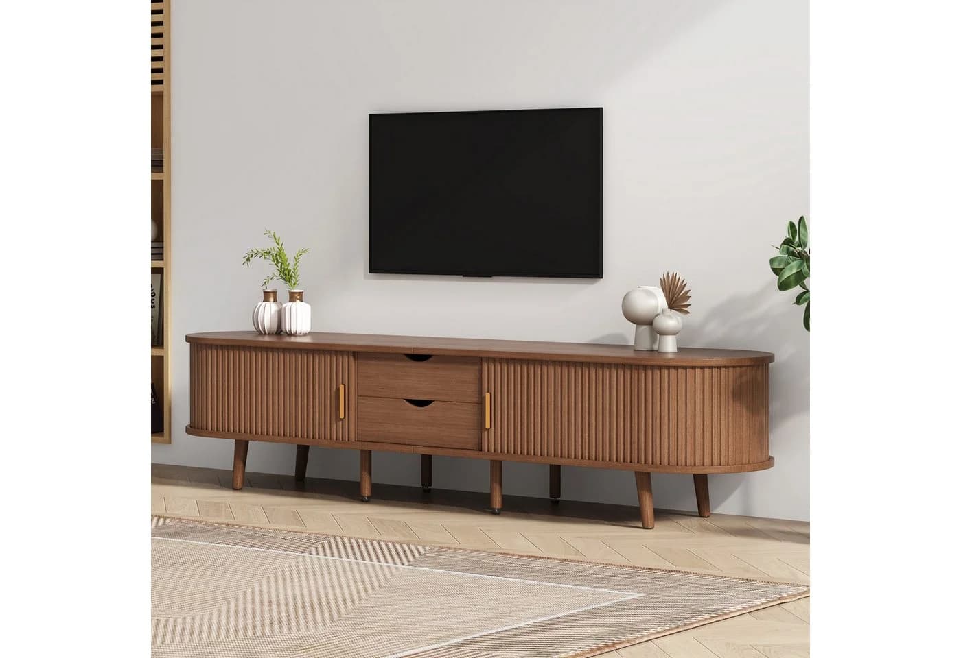 OKWISH Lowboard mit Stauraum, Holzmaserung, TV-Schrank, Mehrzweckschrank, 2 Schiebetüren, 2 Schubladen