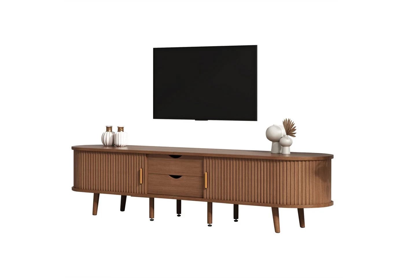 OKWISH Lowboard mit Stauraum, Holzmaserung, TV-Schrank, Mehrzweckschrank, 2 Schiebetüren, 2 Schubladen - Bild 2