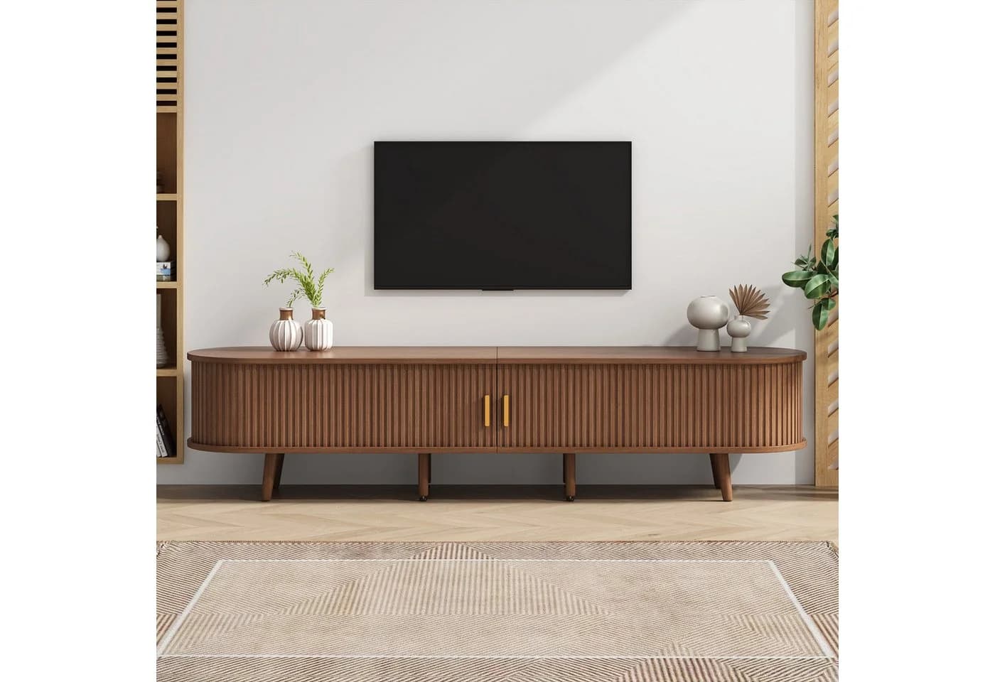 OKWISH Lowboard mit Stauraum, Holzmaserung, TV-Schrank, Mehrzweckschrank, 2 Schiebetüren, 2 Schubladen - Bild 3