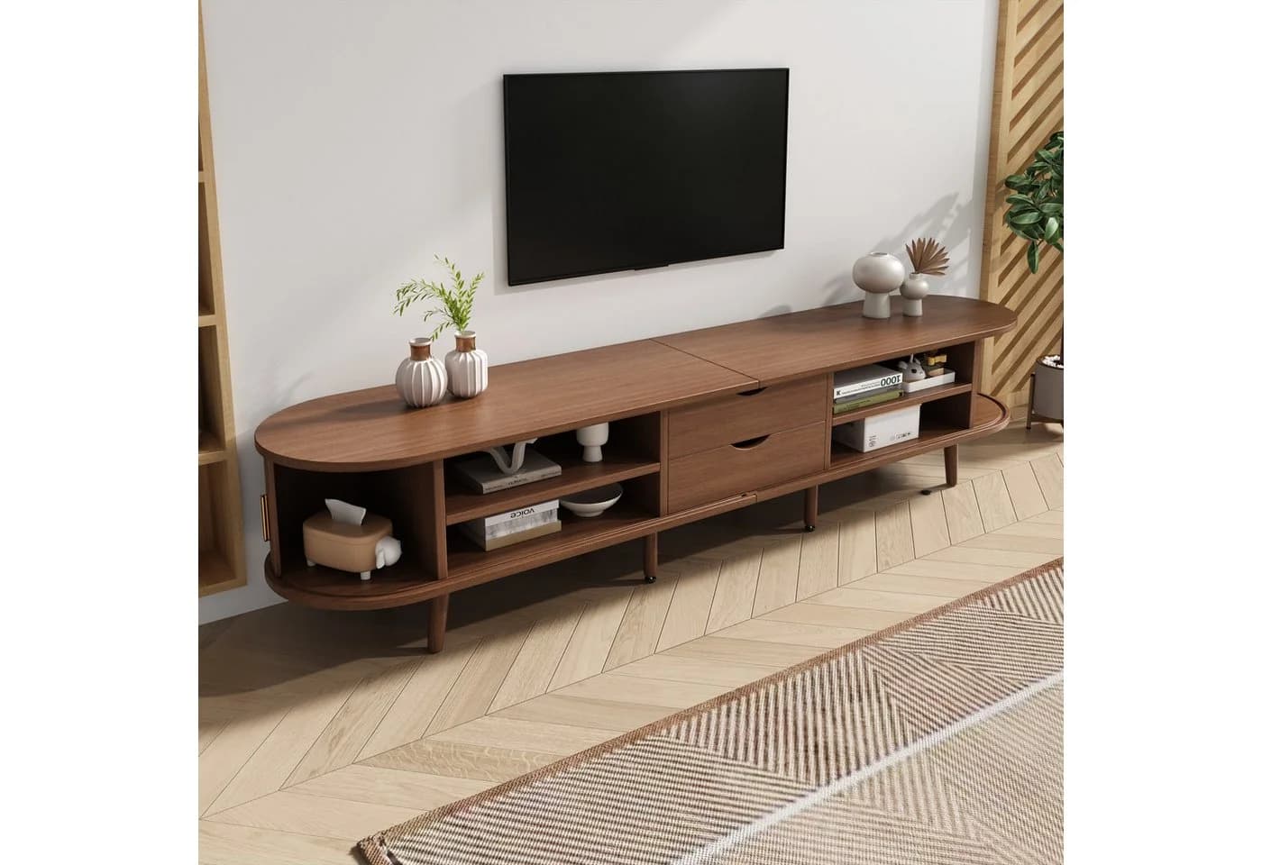 OKWISH Lowboard mit Stauraum, Holzmaserung, TV-Schrank, Mehrzweckschrank, 2 Schiebetüren, 2 Schubladen - Bild 4