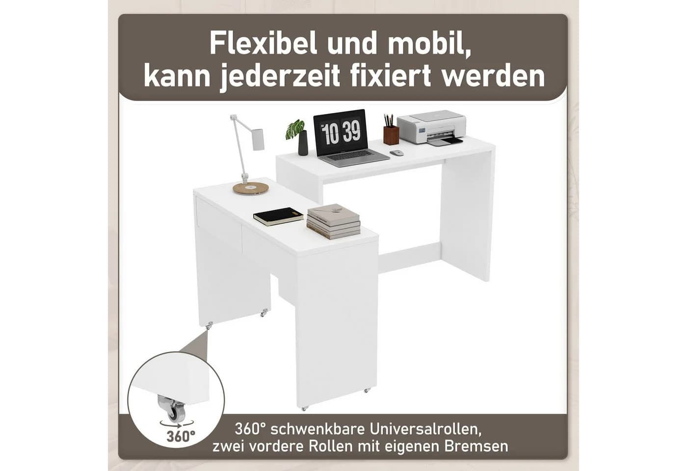REDOM Eckschreibtisch Weiß Ausziehbar mit Rollen & Schubladen - Bild 5