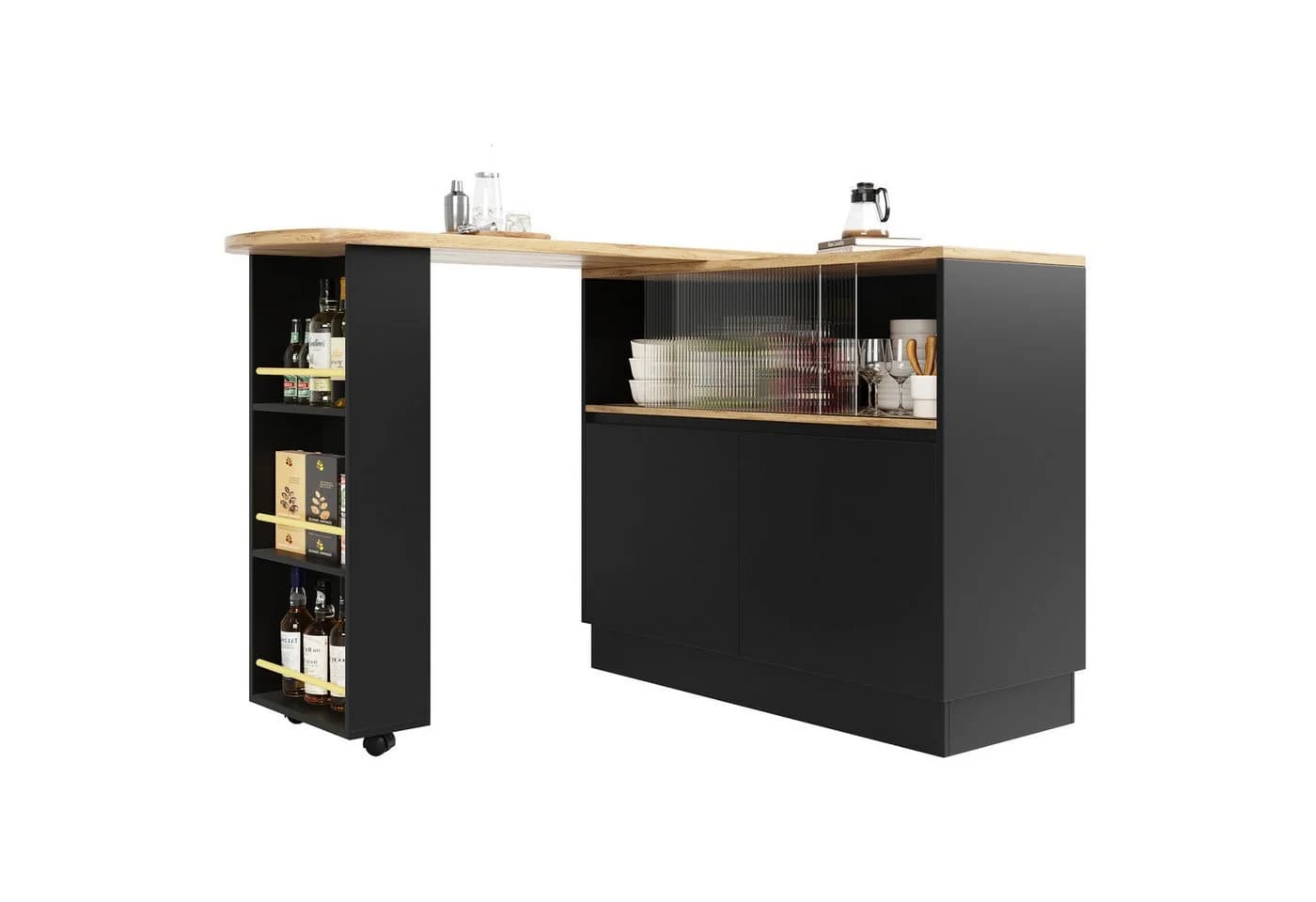 MODFU Bartisch 360° drehbares Sideboard Schwarz mit Glasschiebetür