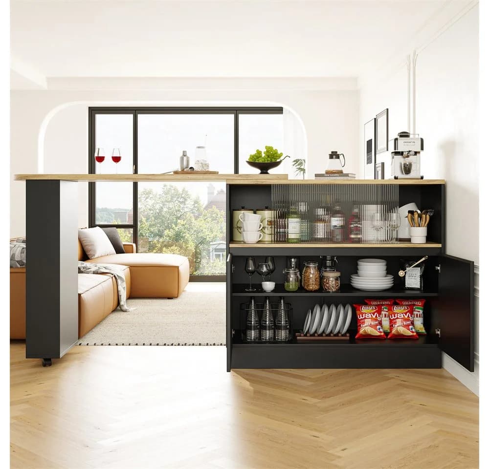 MODFU Bartisch 360° drehbares Sideboard Schwarz mit Glasschiebetür - Bild 2