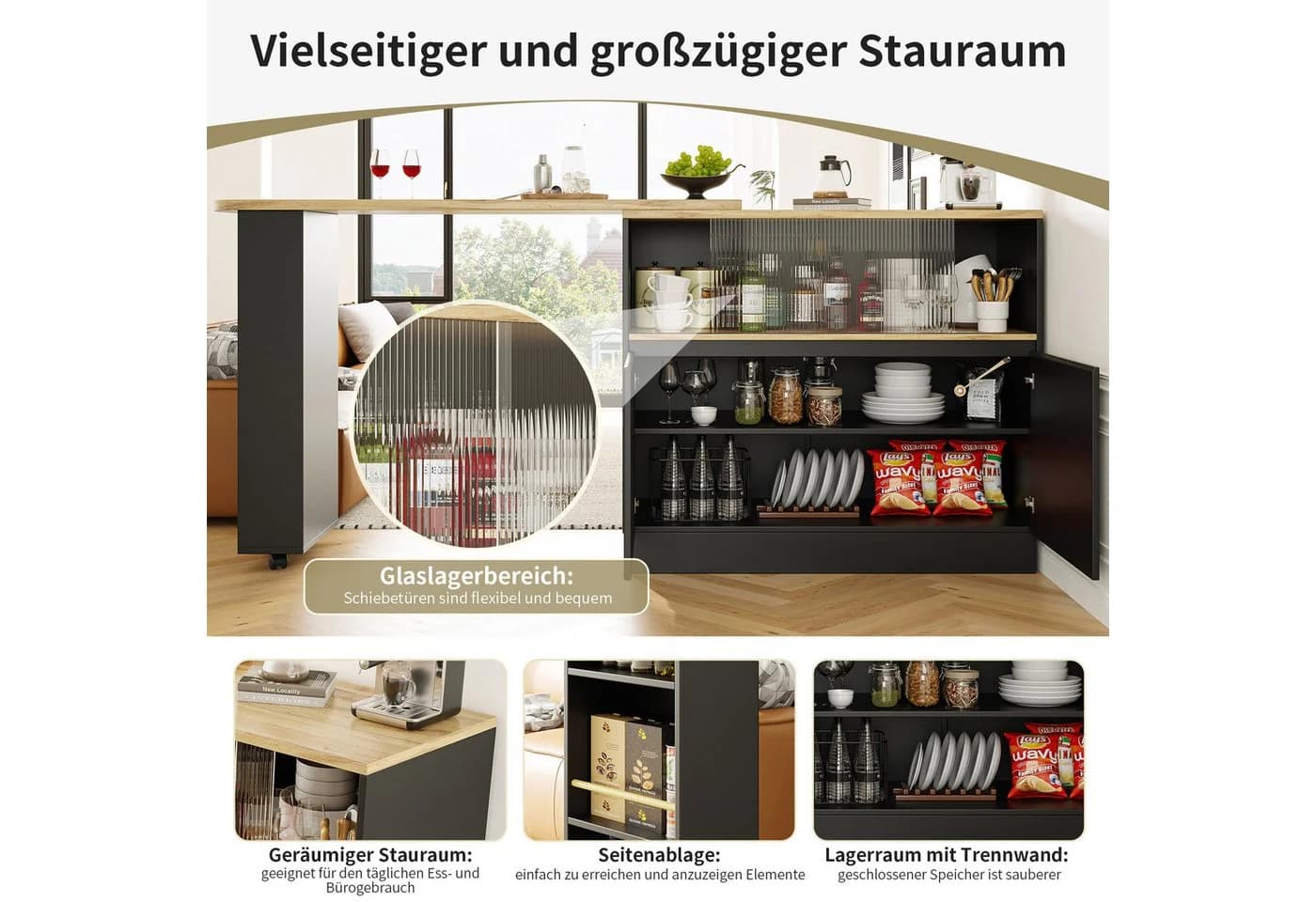 MODFU Bartisch 360° drehbares Sideboard Schwarz mit Glasschiebetür - Bild 5