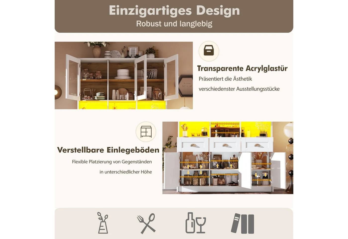 REDOM Hochschrank Moderner Küchenschrank Weiß mit App-LED & Kippschutz - Bild 5