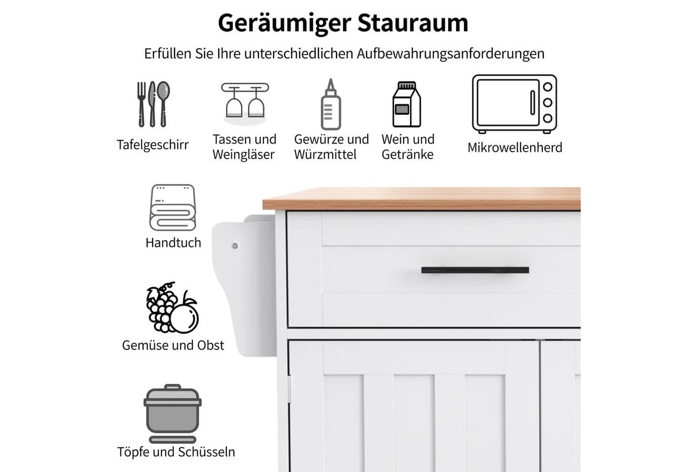 REDOM Multifunktionale Kücheninsel Weiß mit Klapptisch & Stauraum - Bild 5
