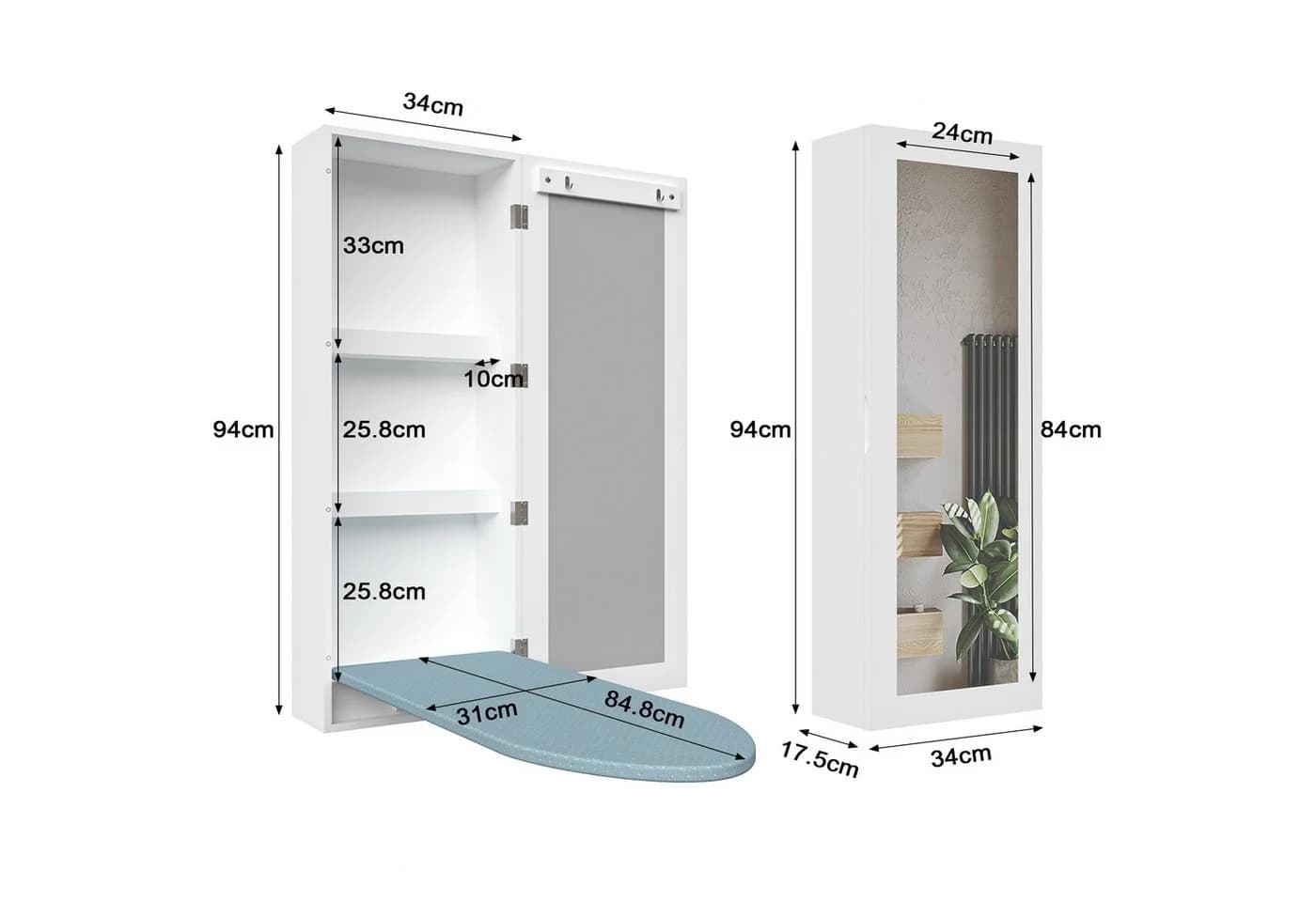 REDOM Spiegelschrank Wand-Bügelbrett-Schrank Weiß mit Spiegel - Bild 5